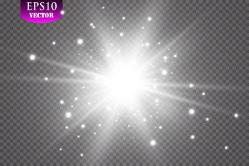 Glow light effect. Starburst with sparkles on transparent background. Vector illustration. Sun - obrazy, fototapety, plakaty