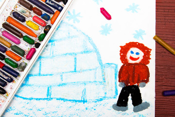 Colorful drawing: Eskimo with his igloo