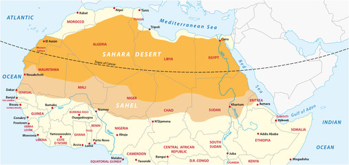 Fototapeta na wymiar Vector map of the Sahara desert and Sahel zone