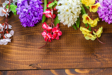 Fototapeta na wymiar Fresh hyacinth flowers on wooden background. Beautiful idea for greeting cards for Valentine's day, March 8 and mother's day. Free space