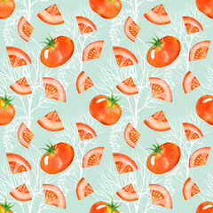 vegetable pattern with tomatoes isolated in watercolor style. vegetable background on white.Hand drawn background for paper,textile, decoration and wrapping 