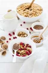 Healthy breakfast: muesli with walnuts, milk, honey and fresh cranberries on white wooden background. Selective focus