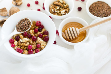 Healthy breakfast: muesli with walnuts, milk, honey and fresh cranberries on white wooden background. Selective focus