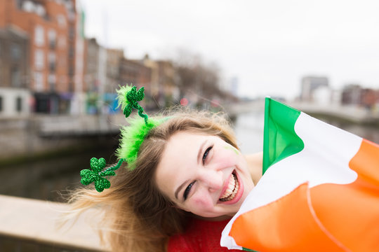 Young Woman Having Fun During St Patrick's Day in Ireland Dublin