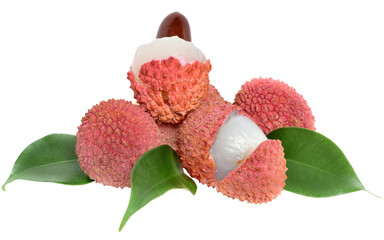 Fresh lychee exotic fruit with leaf isolated