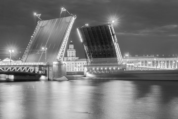 Fototapeta na wymiar The raised Palace bridge at white nights , black-and-white image
