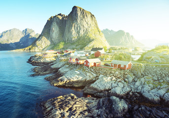 Naklejka premium Fishing hut at summer time - Reine, Lofoten islands, Norway