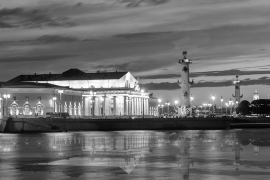 Menacing sky of the sunset over the spit Vasilyevsky island. Saint Petersburg , black-and-white image