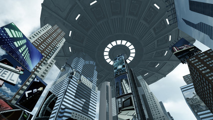 Alien UFO above Time Square New York Manhattan. 3D rendering © fredmantel