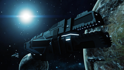 Futuristic cargo spaceship in cosmic scene 3D rendering © fredmantel