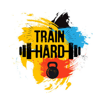 black kettlebell and barbell on colorful brush background with inspirational phrase - train hard. Fitness sport quote. Vector illustration for bodybuilding club, t-shirt, poster.