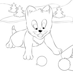 Funny and cute outline kitten found Santa Claus trail in simple cartoon style. Page for art coloring book for kids. Vector illustration.