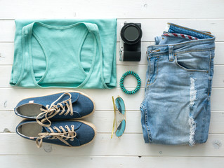 set of folded casual women clothes top view