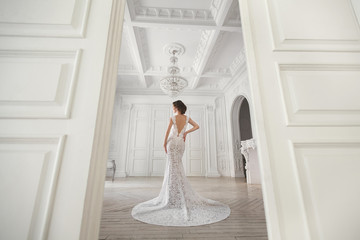 Beautiful bride posing in wedding dress in a white photo Studio.