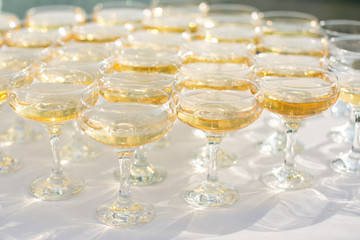 Beautiful hill with champagne at the Banquet for the newlyweds.
