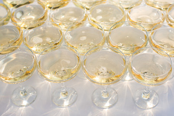 Beautiful hill with champagne at the Banquet for the newlyweds.