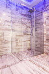 Glass shower stall in marble bathroom