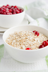 Rolled oats, porridge and cranberries for a healthy breakfast in a rustic style