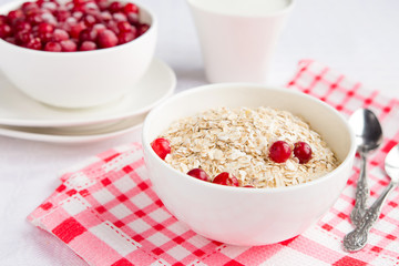 Rolled oats, porridge and cranberries for a healthy breakfast in a rustic style