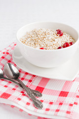 Rolled oats, porridge and cranberries for a healthy breakfast in a rustic style