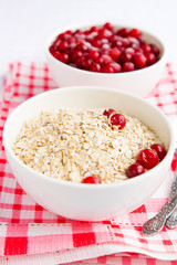 Rolled oats, porridge and cranberries for a healthy breakfast in a rustic style