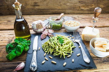 Trofie pasta with vegetarian sauce, pesto with pine nuts and bas