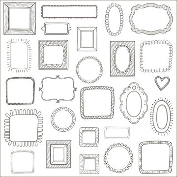 Vector set of vintage photo frames, hand drawn doodle style, antique ornamental and cute photo frames