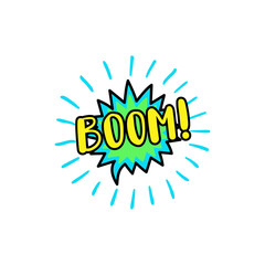 Boom icon in 80s-90s cartoon style. Vector hand drawn pop art fashion patch speech bubble. Modern sticker, pin, badge