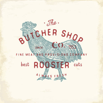 Butcher Shop vintage emblem rooster meat products, butchery Logo template retro style. Vintage Design for Logotype, Label, Badge and brand design. vector illustration