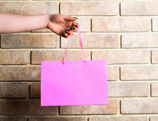 pink shopping bag in female hand on brick wall