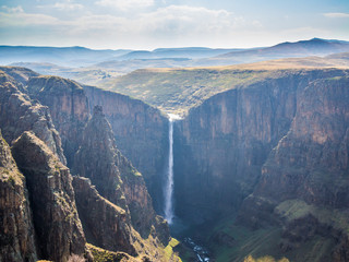 The Maletsunyane Falls and large canyon in the mountainous highlands near Semonkong, Lesotho, Africa. - obrazy, fototapety, plakaty