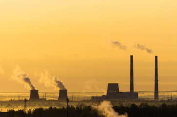 Sunrise power station fog sun sky horizon