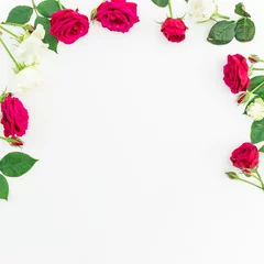No drill roller blinds Roses Frame with red, white roses and leaves isolated on white background. Flat lay, top view  Valentine's background