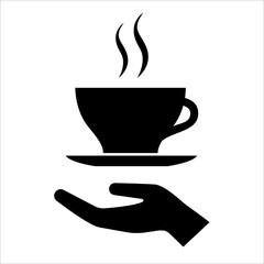 Cup of coffee or tea icon. Hot beverage mug on saucer and smoke. Vector Illustration
