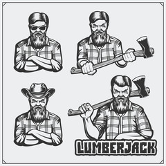 Set of Lumberjack labels, emblems, badges and design elements. Vintage style.