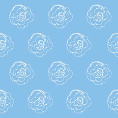 Seamless pattern with white roses on a blue background. It can be used for packing of gifts, tiles fabrics backgrounds. Sample for the websites. Vector illustration.
