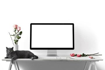 Moderne Arbeitsplatz mit Computer, Blumen und Katze - Textfreiraum 