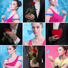 Collage on the theme of love. Woman with heart of love, man with