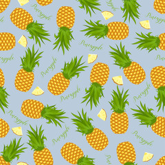 Seamless background of whole pineapples and pineapple slices. Pattern.