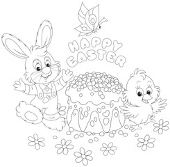 Easter card with a small bunny, a chick and a festively decorated cake