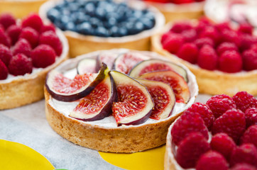 Closeup of fig tart dessert tray assorted