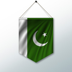 The national flag of Pakistan. The symbol of the state in the pennant hanging on the rope. Realistic vector illustration.