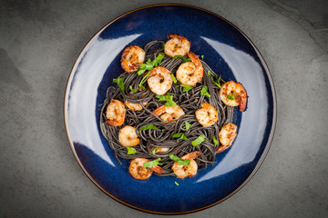 Black pasta with shrimps