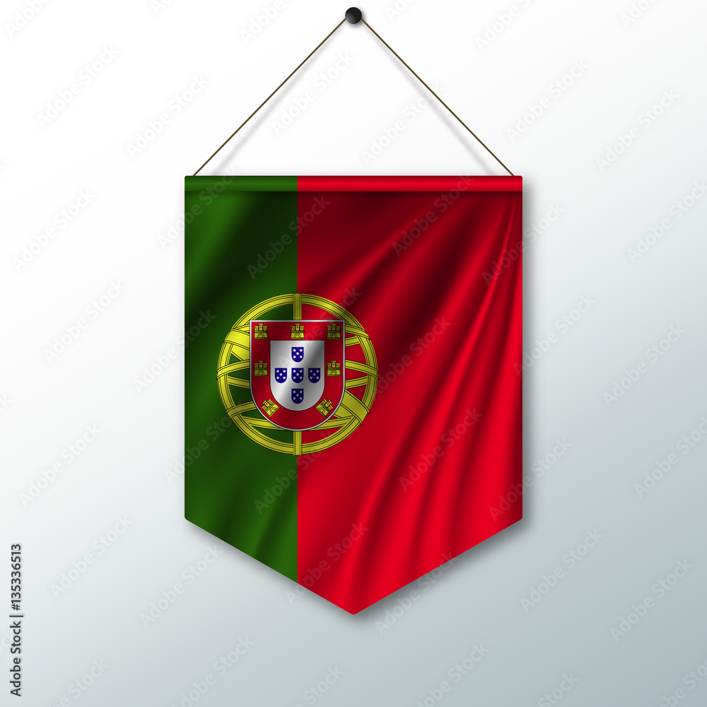 Poster the national flag of portugal. the symbol of the state in the pennant hanging on the rope. realistic