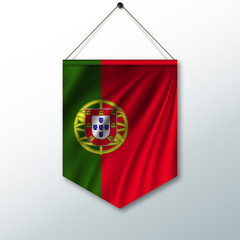 The national flag of Portugal. The symbol of the state in the pennant hanging on the rope. Realistic vector illustration.