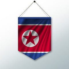 The national flag of North Korea. The symbol of the state in the pennant hanging on the rope. Realistic vector illustration.