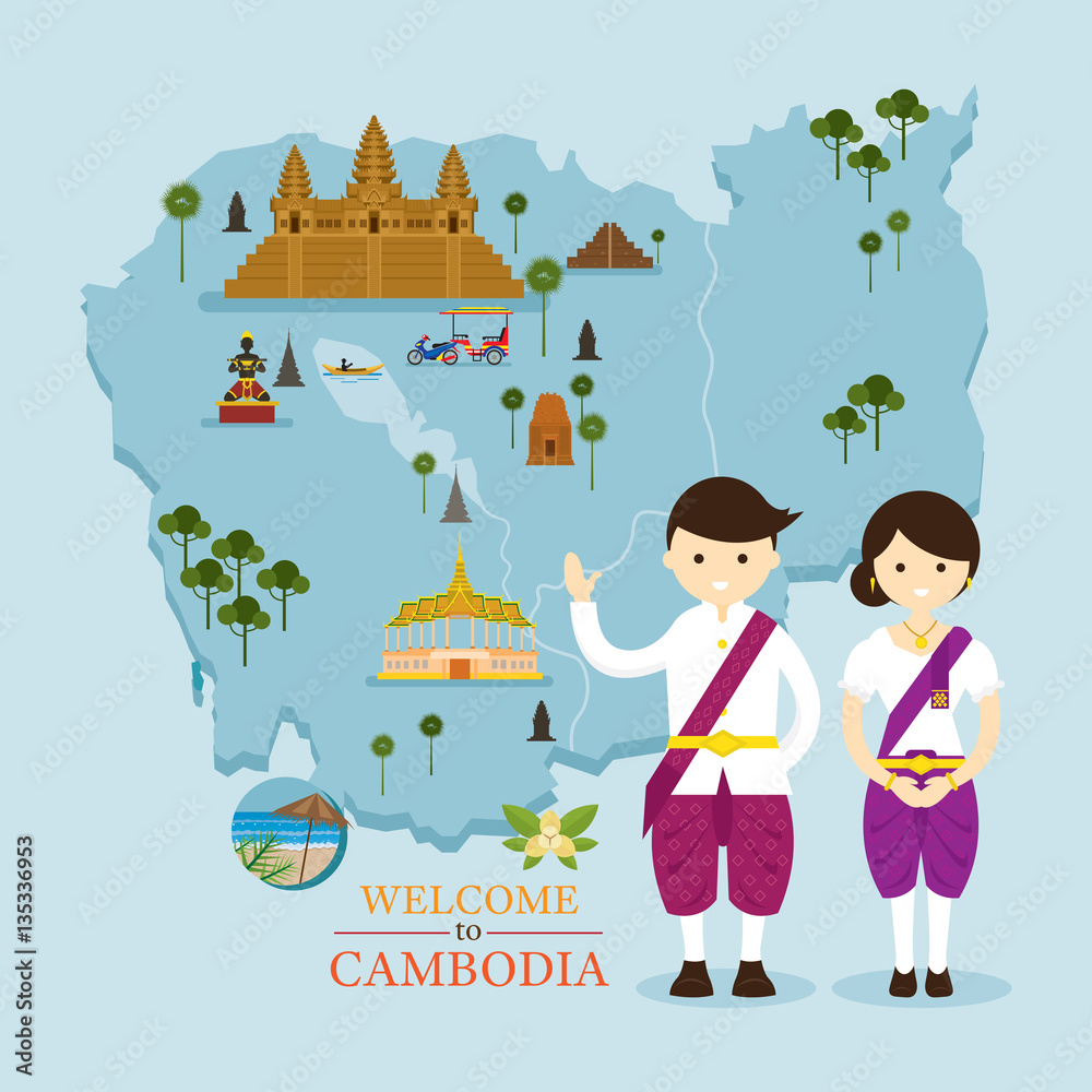 Wall mural Cambodia Map and Landmarks with People in Traditional Clothing, Culture, Travel and Tourist Attraction