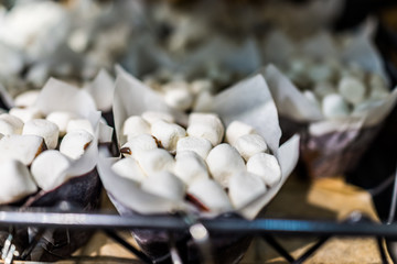 Chocolate muffins or cupcakes topped with marshmellows