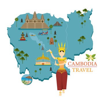 Cambodia Map and Landmarks with Apsara Dancer, Culture, Travel and Tourist Attraction