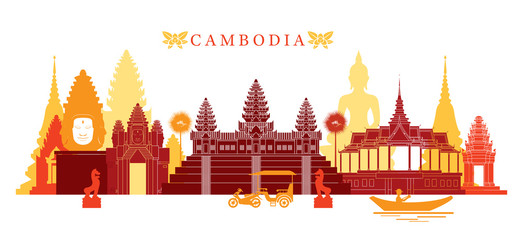 Cambodia Landmarks Skyline, Colourful, Cityscape, Travel and Tourist Attraction - 135337316